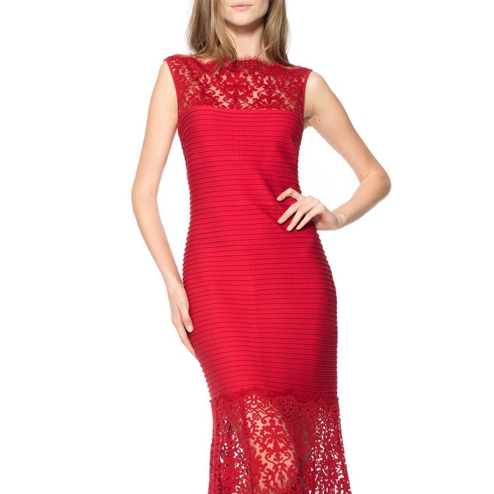 Tadashi Shoji Red Ribbed Pintuck Jersey Boatneck Gown Size Xs